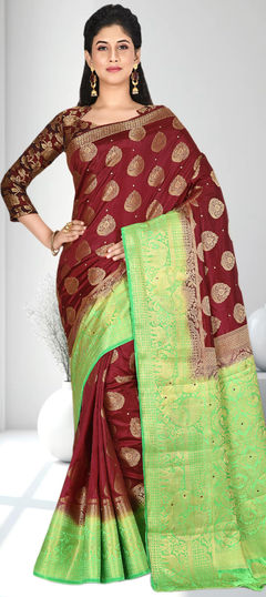 Bridal, Wedding Red and Maroon color Saree in Kanjeevaram Silk fabric with South Stone, Weaving, Zari work : 1923746