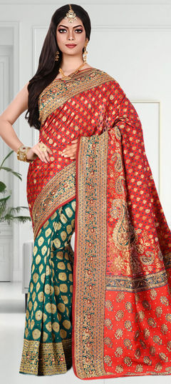 Bridal, Wedding Green, Red and Maroon color Saree in Kanjeevaram Silk fabric with South Stone, Weaving, Zari work : 1923751