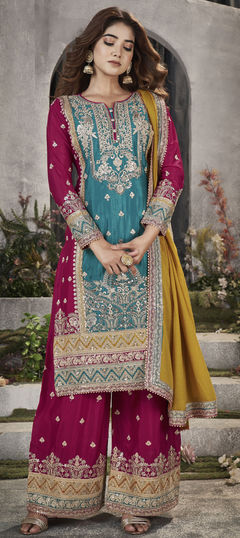 Blue, Pink and Majenta color Salwar Kameez in Silk fabric with Embroidered, Mirror, Stone work