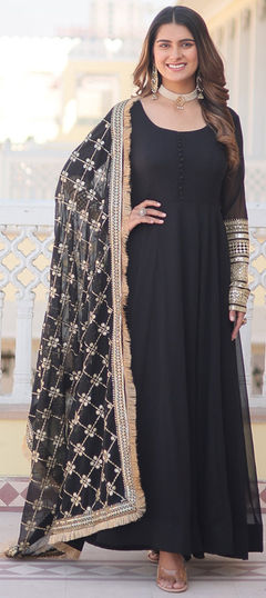 Black and Grey color Gown in Faux Georgette fabric with Embroidered, Sequence, Thread work