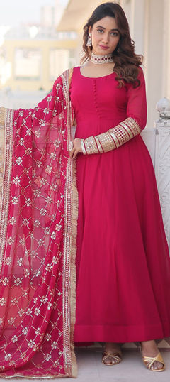 Pink and Majenta color Gown in Faux Georgette fabric with Embroidered, Sequence, Thread work