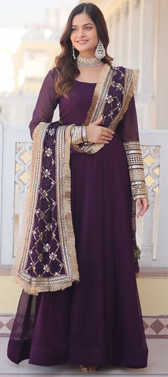 Purple and Violet color Gown in Faux Georgette fabric with Embroidered, Sequence, Thread work