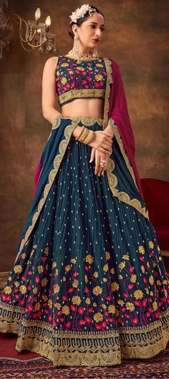 Blue color Lehenga in Georgette fabric with Embroidered, Resham, Sequence, Thread, Zari work