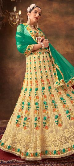 Beige and Brown color Lehenga in Net fabric with Embroidered, Sequence, Stone, Thread, Zari work