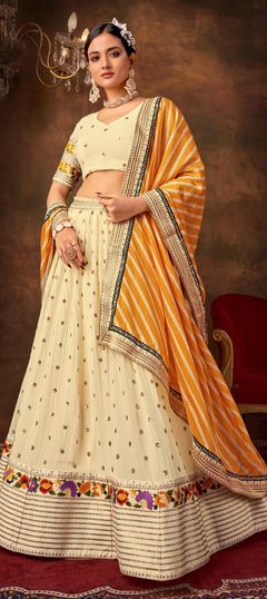 White and Off White color Lehenga in Georgette fabric with Embroidered, Sequence, Thread, Zari work