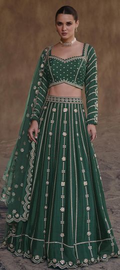 Mehendi Sangeet, Reception, Wedding Green color Ready to Wear Lehenga in Chiffon fabric with Flared Embroidered, Sequence, Thread, Zari work : 1923861