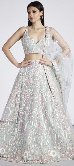 Green color Lehenga in Net fabric with Embroidered, Sequence, Thread work