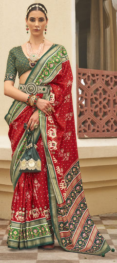 Green, Red and Maroon color Saree in Art Silk, Silk fabric with Printed, Weaving, Zari work