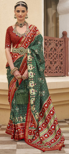 Green color Saree in Art Silk, Silk fabric with Printed, Weaving, Zari work