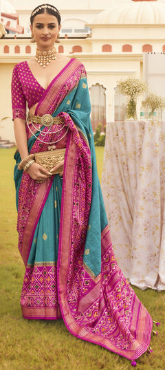 Party Wear, Traditional Blue color Saree in Patola Silk, Silk fabric with South Printed, Weaving, Zari work : 1923961