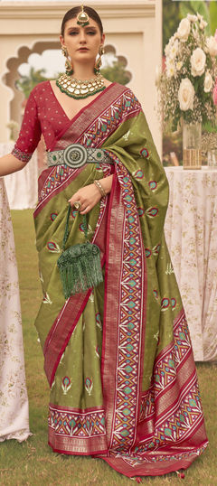 Green color Saree in Art Silk, Silk fabric with Printed, Weaving, Zari work