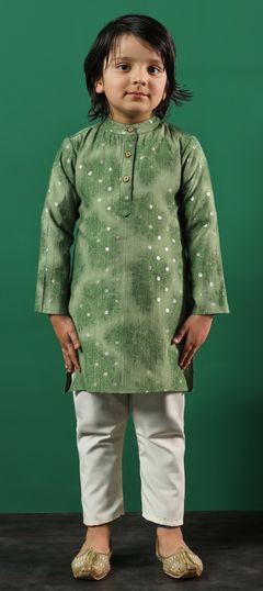 Green color Boys Kurta Pyjama in Silk fabric with Floral, Printed work