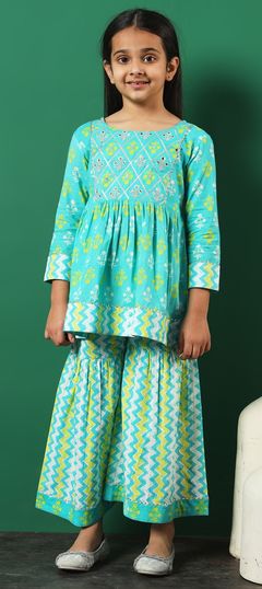 Festive, Summer Blue color Girls Top with Bottom in Cotton fabric with Anarkali, Sharara Embroidered, Gota Patti, Mirror, Printed, Zari work : 1923987