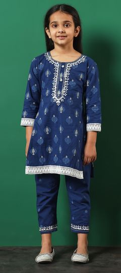 Blue color Girls Top with Bottom in Cotton fabric with Embroidered, Mirror, Printed, Resham, Thread work