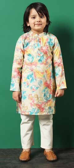 Multicolor color Boys Kurta Pyjama in Chanderi Silk fabric with Foil Print, Gota Patti, Printed work