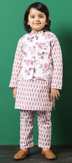 Purple and Violet, White and Off White color Boys Kurta Pyjama with Jacket in Cotton fabric with Floral, Foil Print, Printed work