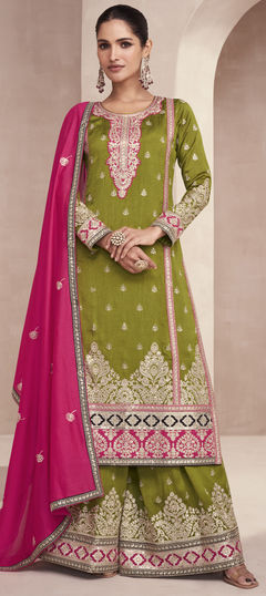 Green color Salwar Kameez in Silk fabric with Embroidered, Patch, Sequence, Thread, Zari work