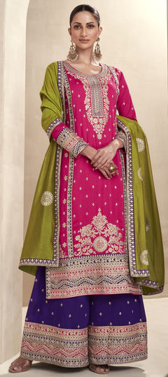 Pink and Majenta color Salwar Kameez in Silk fabric with Embroidered, Patch, Sequence, Thread, Zari work