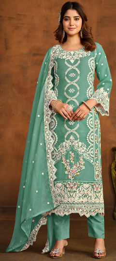 Green color Salwar Kameez in Organza Silk fabric with Embroidered, Resham, Sequence, Thread work