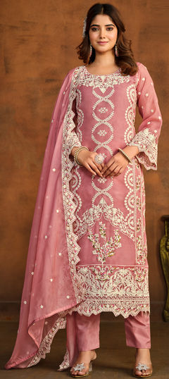 Pink and Majenta color Salwar Kameez in Organza Silk fabric with Embroidered, Resham, Sequence, Thread work