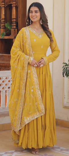 Festive, Party Wear, Reception Yellow color Gown in Georgette fabric with Embroidered, Sequence, Thread work : 1924083