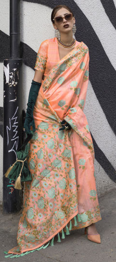 Orange color Saree in Silk fabric with Floral, Printed work