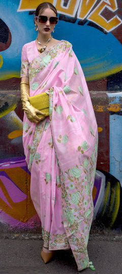 Pink and Majenta color Saree in Silk fabric with Floral, Printed work