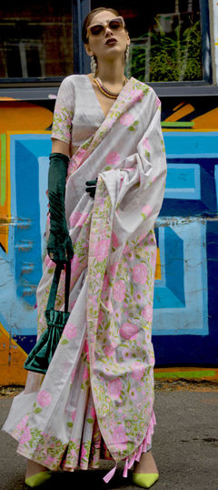 Black and Grey color Saree in Silk fabric with Floral, Printed work