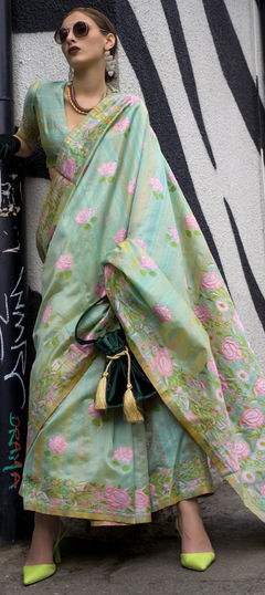 Green color Saree in Silk fabric with Floral, Printed work