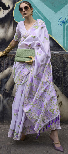 Purple and Violet color Saree in Silk fabric with Floral, Printed work