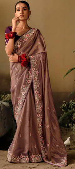 Beige and Brown color Saree in Silk fabric with Embroidered, Resham, Sequence, Thread work