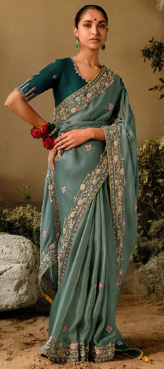 Green color Saree in Silk fabric with Embroidered, Resham, Sequence, Thread work