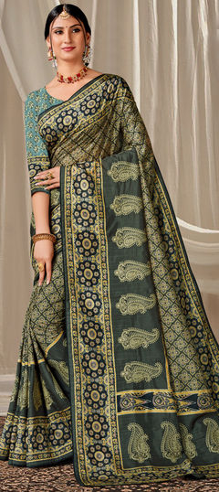 Green color Saree in Art Silk, Silk fabric with Digital Print, Embroidered, Zari work