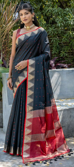 Black and Grey color Saree in Raw Silk, Silk fabric with Weaving, Zari work