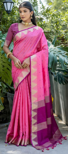 Pink and Majenta color Saree in Raw Silk, Silk fabric with Weaving, Zari work