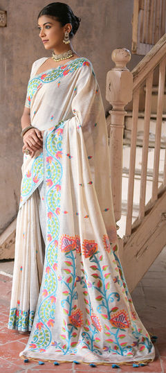 Party Wear, Traditional Blue, White and Off White color Saree in Cotton fabric with Bengali Printed work : 1924447