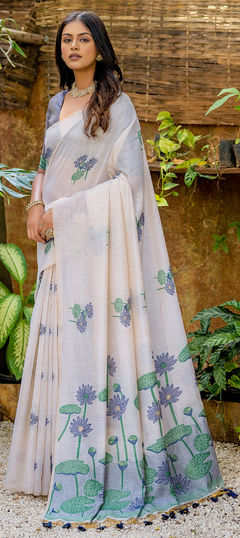 Blue, White and Off White color Saree in Cotton fabric with Thread, Weaving work