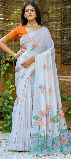 Orange, White and Off White color Saree in Cotton fabric with Thread, Weaving work