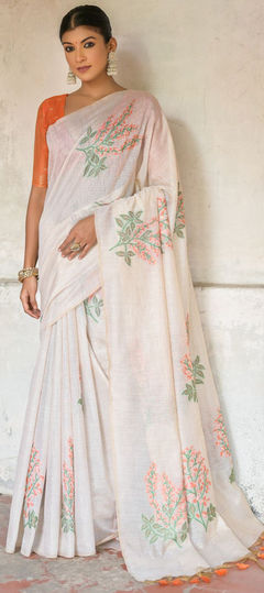 Orange, White and Off White color Saree in Cotton fabric with Thread work