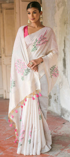 Pink and Majenta, White and Off White color Saree in Cotton fabric with Thread work