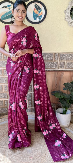 Pink and Majenta color Saree in Georgette fabric with Embroidered, Resham, Sequence work