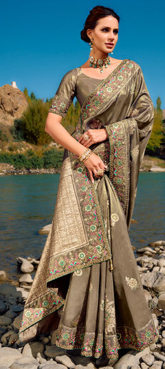 Black and Grey color Saree in Banarasi Silk fabric with Border, Cut Dana, Mirror, Moti, Zari work