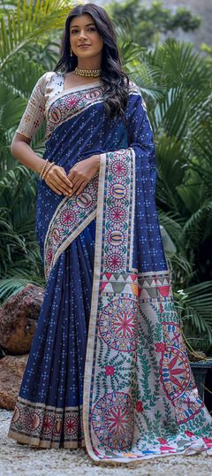 Blue color Saree in Tussar Silk fabric with Printed work