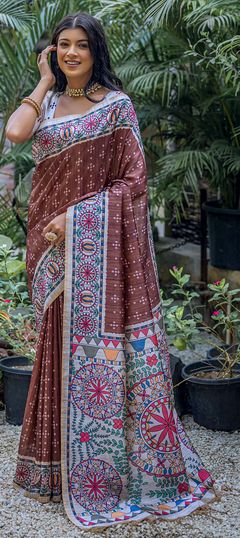 Beige and Brown color Saree in Tussar Silk fabric with Printed work