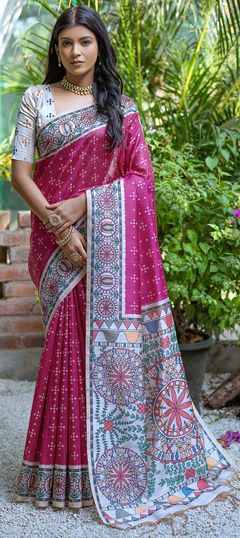 Pink and Majenta color Saree in Tussar Silk fabric with Printed work