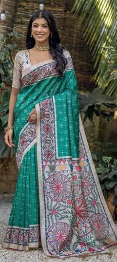 Blue color Saree in Tussar Silk fabric with Printed work