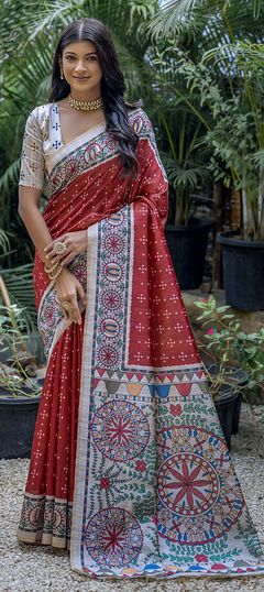 Red and Maroon color Saree in Tussar Silk fabric with Printed work