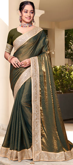 Traditional, Wedding Green color Saree in Silk fabric with South Border, Embroidered, Swarovski work : 1924581