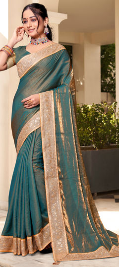 Blue color Saree in Silk fabric with Border, Embroidered, Swarovski work