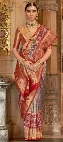 Black and Grey, Red and Maroon color Saree in Banarasi Silk fabric with Weaving, Zari work